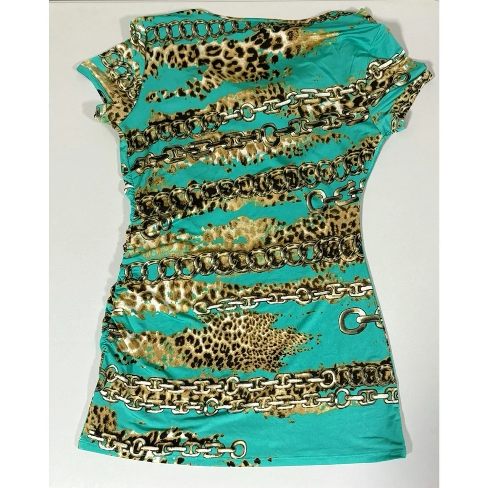 Teal Leopard Cheetah Print Gold Chainlink Ruched Shirt Top Blouse Tee Size XS 🐆✨ - Picture 5 of 5